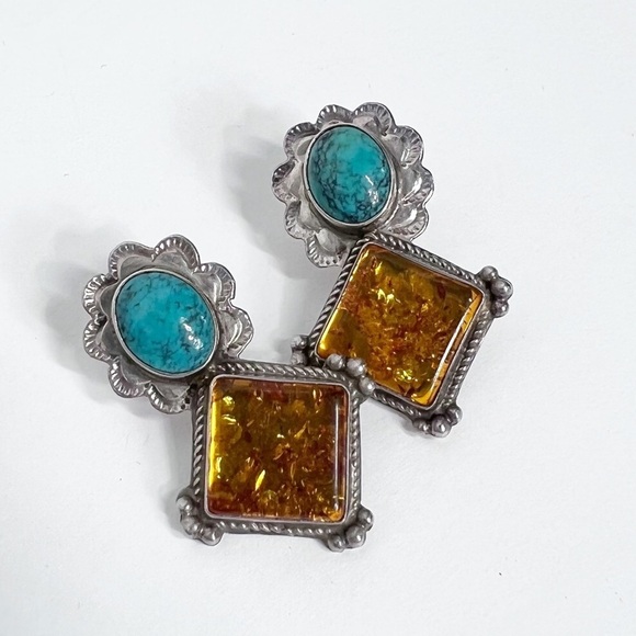 Vintage Jewelry - Navajo Sterling Silver | Turquoise & Amber Earrings